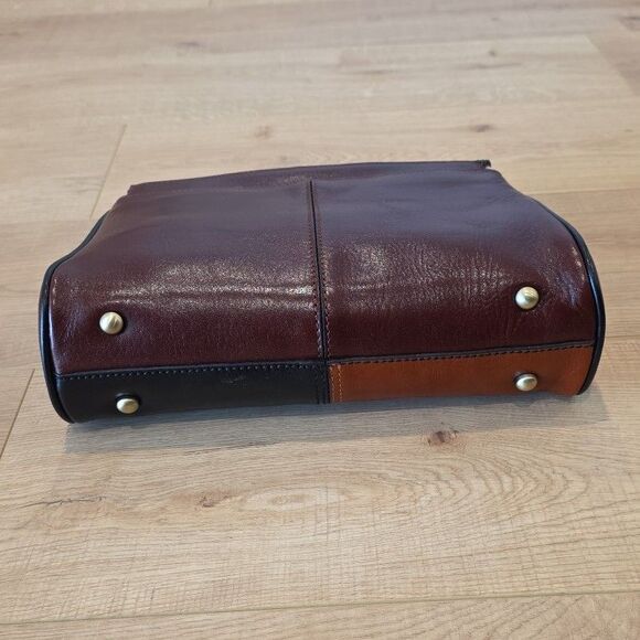 Patricia Nash Top Handle Satchel Yoeky Colorblock British Black Tan Leather - Picture 3 of 11